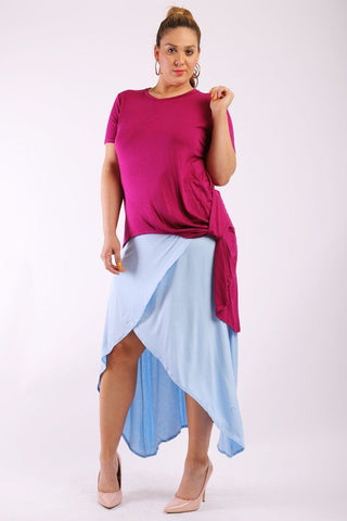 Solid, Short Sleeve Tee Top With Round Neck, Hilo Hemline, Gathered Side Detail And A Long Body Back Tail