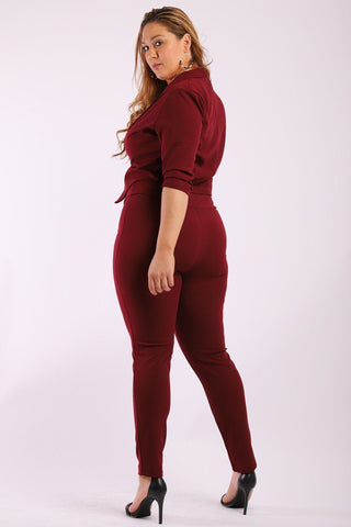 Solid, Fitted Two Piece Set Includes Blazer Coat With 3/4 Sleeves, Collard, One Button Closure And Pointed Hemline With Matching Full Length, High-waist Pant