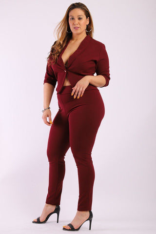 Solid, Fitted Two Piece Set Includes Blazer Coat With 3/4 Sleeves, Collard, One Button Closure And Pointed Hemline With Matching Full Length, High-waist Pant