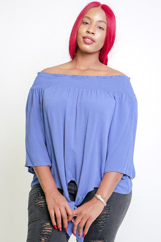 Solid, Off The Shoulders Top With Smocked Neckline, 3/4 Kimono Sleeves, Loose Fitting And A Front Tie Detail