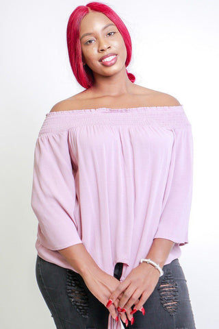 Solid, Off The Shoulders Top With Smocked Neckline, 3/4 Kimono Sleeves, Loose Fitting And A Front Tie Detail