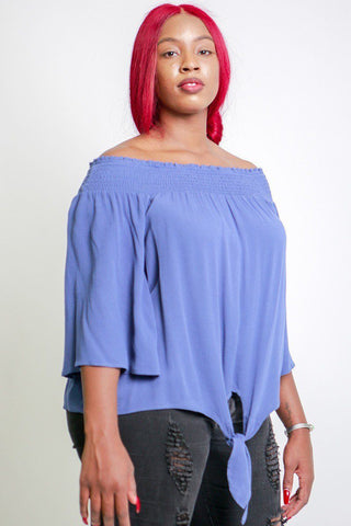 Solid, Off The Shoulders Top With Smocked Neckline, 3/4 Kimono Sleeves, Loose Fitting And A Front Tie Detail