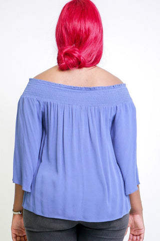 Solid, Off The Shoulders Top With Smocked Neckline, 3/4 Kimono Sleeves, Loose Fitting And A Front Tie Detail