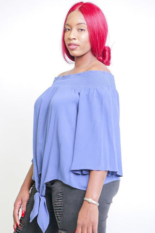 Solid, Off The Shoulders Top With Smocked Neckline, 3/4 Kimono Sleeves, Loose Fitting And A Front Tie Detail