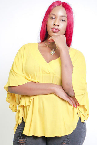 Solid, Loose Fit Top With 3/4 Bat Sleeves, Ruffle Trim, Wrap V Neckline, Tie Sides And Round Hemline