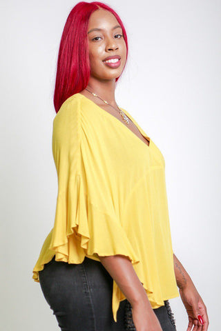 Solid, Loose Fit Top With 3/4 Bat Sleeves, Ruffle Trim, Wrap V Neckline, Tie Sides And Round Hemline