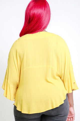 Solid, Loose Fit Top With 3/4 Bat Sleeves, Ruffle Trim, Wrap V Neckline, Tie Sides And Round Hemline