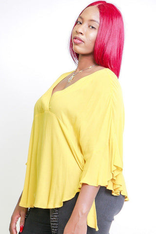 Solid, Loose Fit Top With 3/4 Bat Sleeves, Ruffle Trim, Wrap V Neckline, Tie Sides And Round Hemline