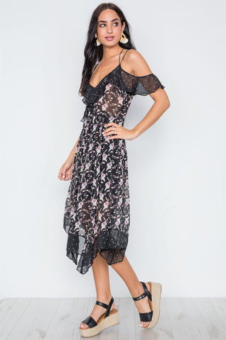 Multi Floral Polka Dot Print Flounce Midi Dress