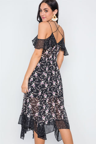 Multi Floral Polka Dot Print Flounce Midi Dress
