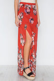 Red Multi Floral Print Side Slits High-waist Maxi Skirt