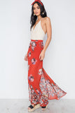 Red Multi Floral Print Side Slits High-waist Maxi Skirt