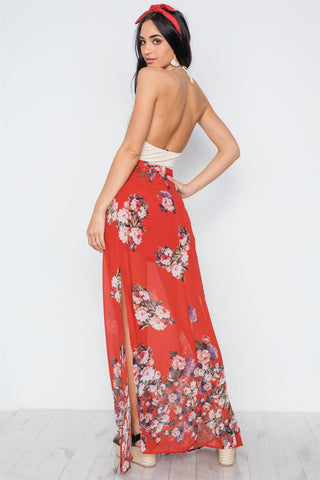 Red Multi Floral Print Side Slits High-waist Maxi Skirt