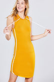 Sleeveless W/side Stripe Drawstring Hoodie Cotton Rayon Spandex Mini Dress