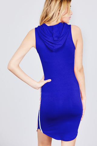 Sleeveless W/side Stripe Drawstring Hoodie Cotton Rayon Spandex Mini Dress