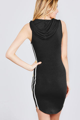 Sleeveless W/side Stripe Drawstring Hoodie Cotton Rayon Spandex Mini Dress