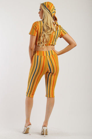 Pin Striped, 3 Piece Top, Capri Legging And Scarf Set