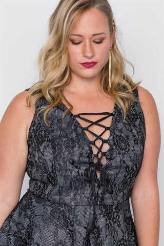 Plus Size Black Lace Print Lace Up Skater Dress