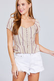 Short Sleeve Button Down Ruffle Hem Print Linen Woven Top