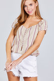 Short Sleeve Button Down Ruffle Hem Print Linen Woven Top