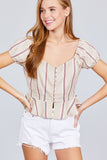 Short Sleeve Button Down Ruffle Hem Print Linen Woven Top