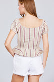 Short Sleeve Button Down Ruffle Hem Print Linen Woven Top