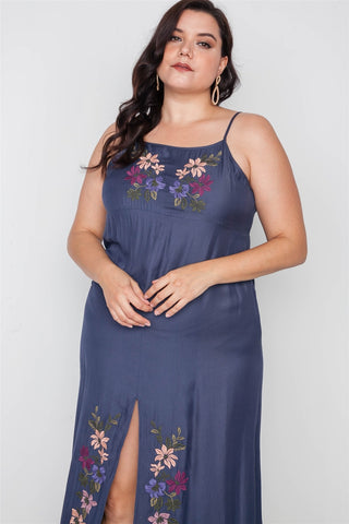 Plus Size Navy Cami Floral Embroidery Boho Maxi Dress