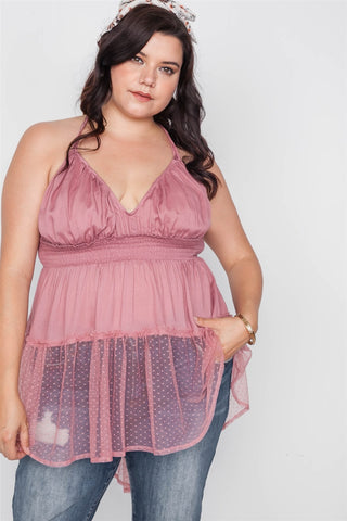 Plus Size Smocked Combo Mesh Top