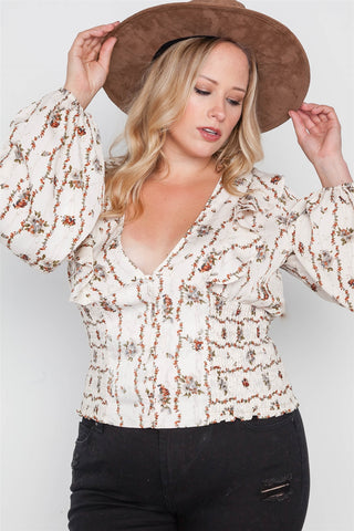 Plus Size Floral V-neck Ruffle Long Sleeve Top