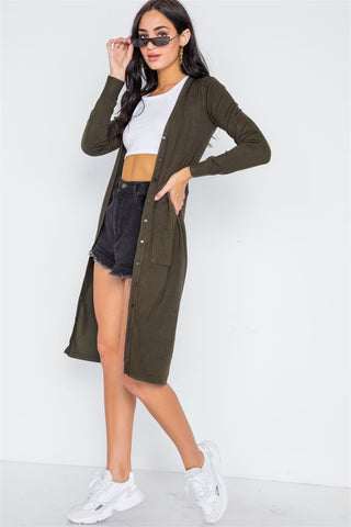 Button Front Long Line Cardigan
