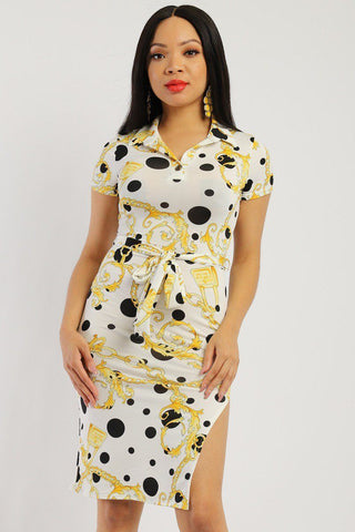 Print Midi Tee Dress With Short Sleeves Collared V Neckline, Decorative Button, Matching Belt And A Side Slit
