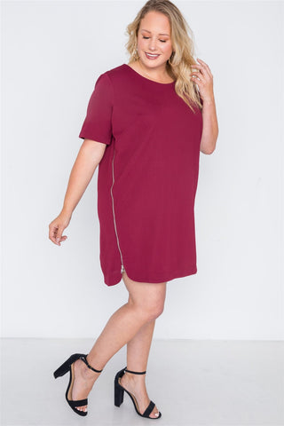 Plus Size Burgundy Textured Short Sleeve Dress