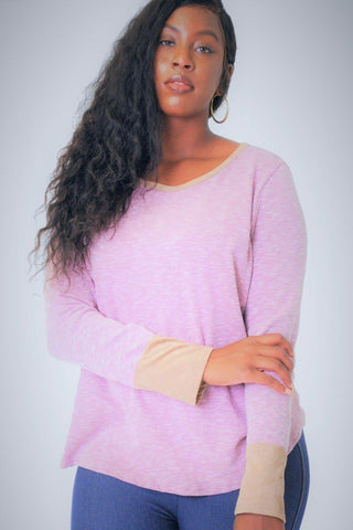 Solid, Waist Length Long Sleeve Top In A Relaxed Style With A Round Neck And Faux Suede Contrast Wrist Cuff.