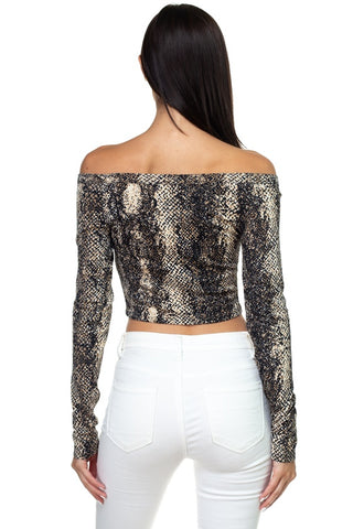Smocked Off Shoulder Topsnake Print Long Sleeve Cropped Top