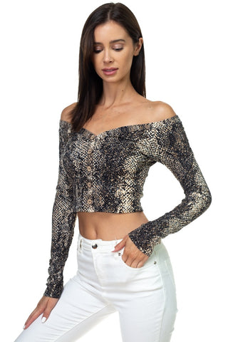 Smocked Off Shoulder Topsnake Print Long Sleeve Cropped Top