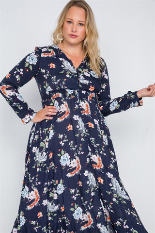Plus Size  Floral Print Button Down Maxi Dress