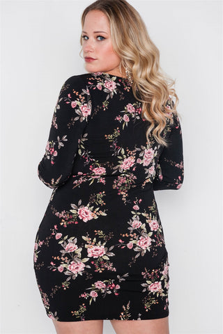 Plus Size Black Floral V-neck Long Sleeve Mini Dress