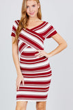 Short Sleeve V-neck W/cross Wrap Multi Stripe Sweater Dress