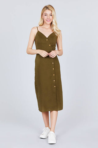 V-neck Surplice Button Down Midi Linen Dress