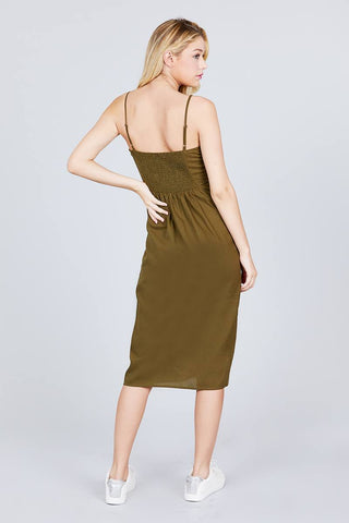 V-neck Surplice Button Down Midi Linen Dress