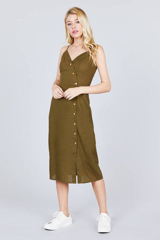 V-neck Surplice Button Down Midi Linen Dress