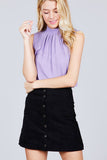Sleeveless Mock Neck Back Button Woven Top
