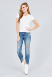 Short Sleeve Round Neck W/shoulder Button Down Rayon Spandex Rib Knit Top