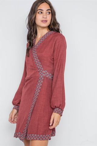 Rust Contrast Trim Long Sleeve Wrap Dress