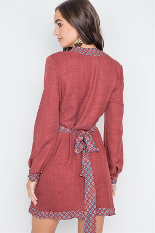 Rust Contrast Trim Long Sleeve Wrap Dress