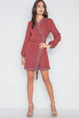 Rust Contrast Trim Long Sleeve Wrap Dress