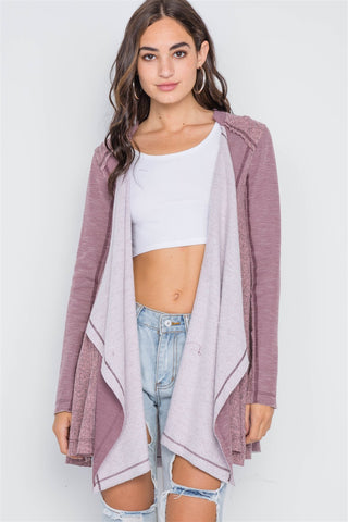 Mauve Knit Draped Front Long Sleeve Cardigan