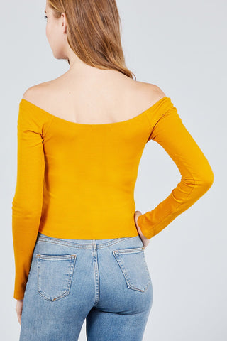 Long Sleeve Off The Shoulder Button Down Rayon Spandex Rib Knit Top