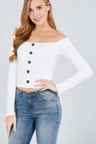 Long Sleeve Off The Shoulder Button Down Rayon Spandex Rib Knit Top