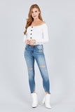 Long Sleeve Off The Shoulder Button Down Rayon Spandex Rib Knit Top